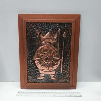 Vintage Copper Relief Wall Plaque Art Viking Warrior Shield Framed Signed Jenny