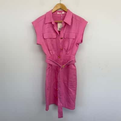 Little Coquille Pink Short SLeeve Gold Button Up Mini Dress Size 8 