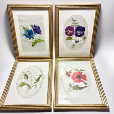 Vtg. Framed Set of 4 Embroidered Flowers 