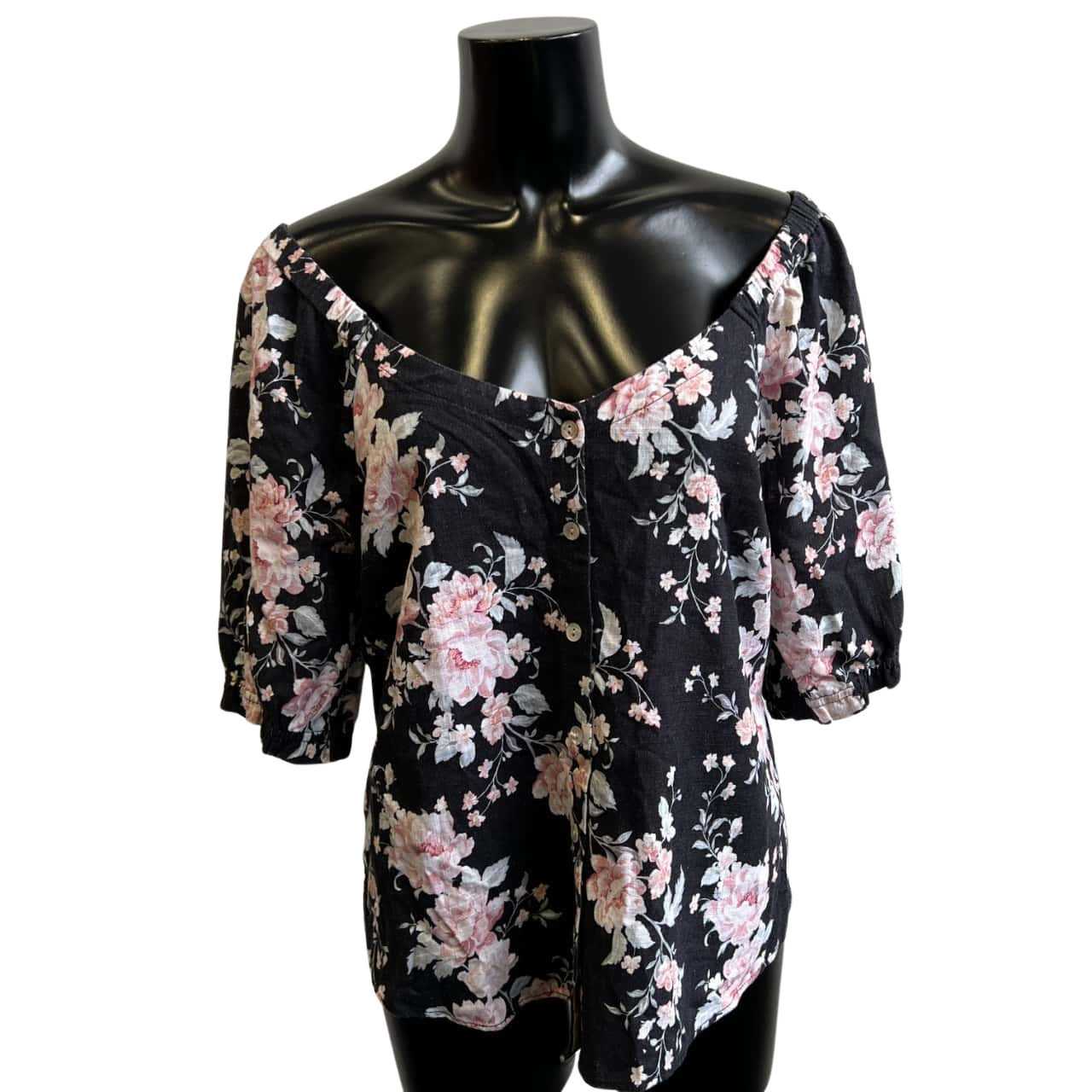 BNWT Just Jeans Womens Size 10 Floral Linen Blend Top Black (s)