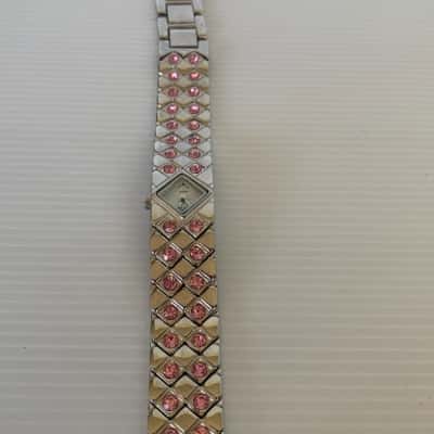 Retro Diva Brand Bracelet Watch - Silver and Pink Rhinestones