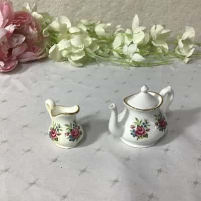 Vintage Crown Staffordshire Floral Pattern Miniature Porcelain Teapot & Pitcher