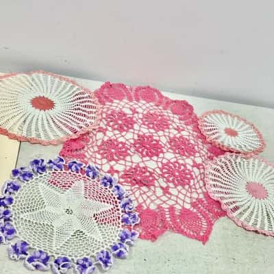 5 x Hand crocheted Doiley’s various sizes & Colours 