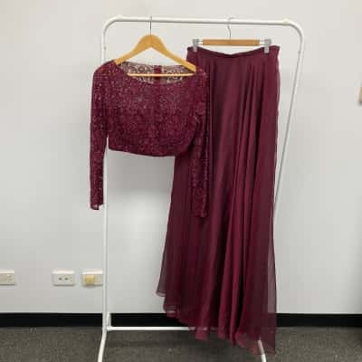 La Femme Nordstrom Garnet Embellished Lace Long SLeeve Top And Maxi Skirt Set  Size 12