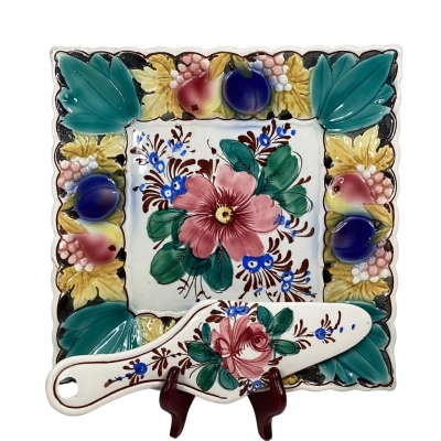 Vintage Italian majolica square serving platter and cake server