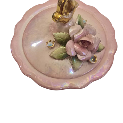 Vintage Pink Ceramic Rose Round Trinket Box made in Japan