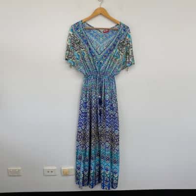 Ruby Yaya Blue Pattern Embellished Short Sleeve Maxi Dress  Size XL 