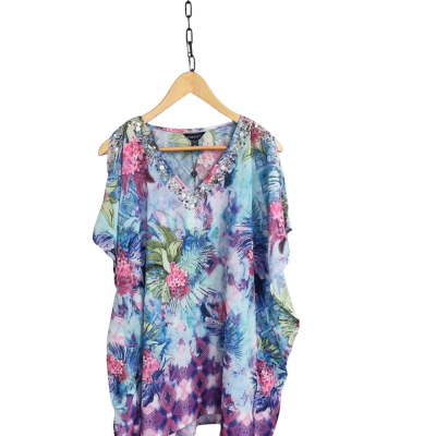 Maggie T Womens  Size 10 Blouse / Floral Top / Party Top / Short Sleeve Top / V-Neck Top Blue / Floral / Green / Multicoloured / Pink  