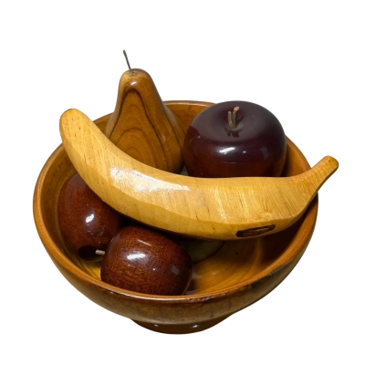 Vintage Camphor Laurel Wooden Bowl and Fruit