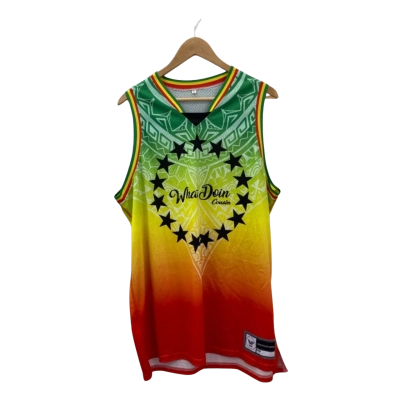  What Doin Cousin Mens  Size L Singlet  Green / Red / Yellow Maori Pattern