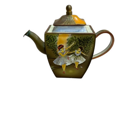 Charlotte di Vita hand-painted miniature enamel collectable Teapot Green with dancing ladies 