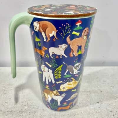 La Ka Land Melamine Jug w/coaster- whimsical Dog Design”A Field Trip”
