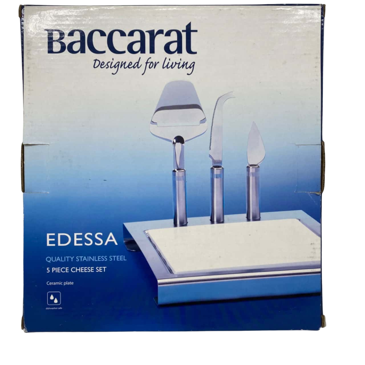 BNIB Baccarat 5 Piece Cheese Set includes Stand, Board 3 Knives1607342