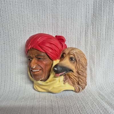 Vintage England Bosson Chalkware Wall Hanging Bust Afghani Man & Afghan Hound