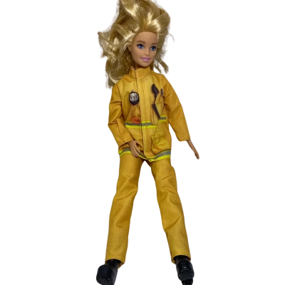 blonde Barbie Firefighter Doll wearing a yellow uniform.