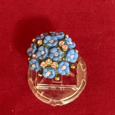 Women's Gold Tone Adjustable Ring Blue Floral with Pink Rhinestones Accents