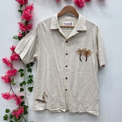 Mr Simple Mens Embroidered Holiday Shirt Size M Beige 