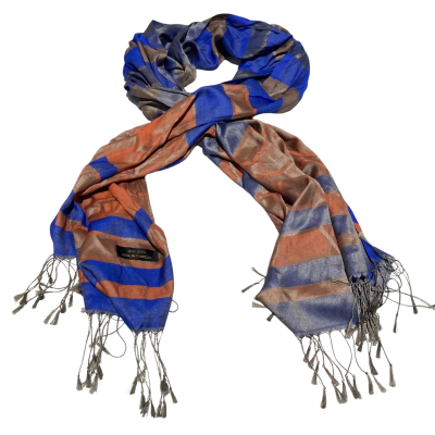  Womens  Size L Scarf Blue / Brown / Orange 100% Silk