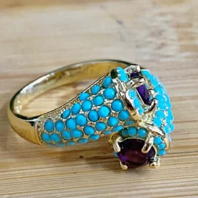 Sterling Silver Gold-Tone Blue/Purple Diamante Ring (Stamped 925)