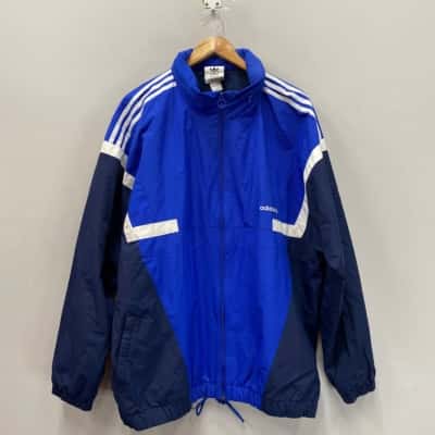 Adidas Mens  Size XXL Hooded Lightweight Nylon Jacket Blue / White 