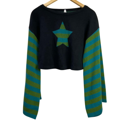 Black Friday - Womens Crop Knit (100% Cotton) - Size M - Black/ Green / Multicoloured 