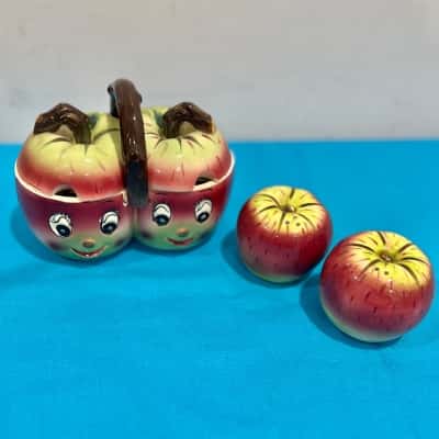 1950’s Vintage Anthropomorphic Jam & Jelly Set &  Apple Salt & Pepper Shakers 