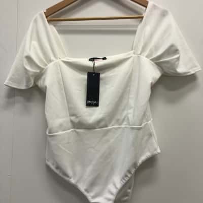 Nasty Gal Womens  Size UK-14 Puff Sleeve Bodysuit White BNWT