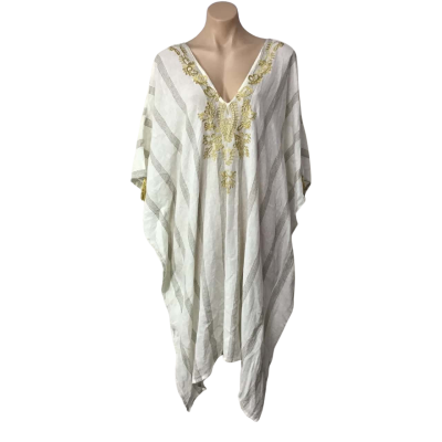 Adrift Womens Size XXL Cream / Brown Striped / Gold Embroidered V-neck Kaftan 