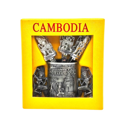 Souvenir From The Kingdom Of Cambodia Ornamental Metal Tankard With 6 Miniatures Spoons 9cm Tall  (brica1)