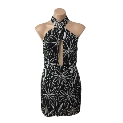 Ownley Womens  Size S Black  / White Floral Pattern Halter Neck Mini Dress (new)