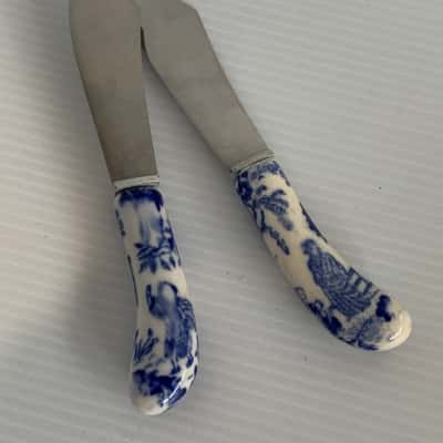 Pair Stainless Steel & Porcelain "Blue Mikado" Butter Knife