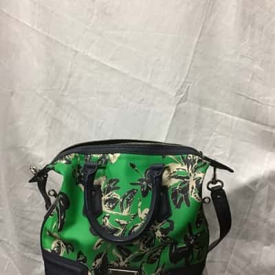 Oroton Royal Garden Mini Barrel Bag Navy Leather Trim Floral Crossbody