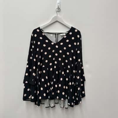Seed Womens  Size 14 Black  and peach dots  flared sleeve top
