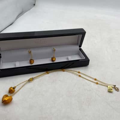 Insignia Amber Murano Matching Heart Pendant & Earring Set