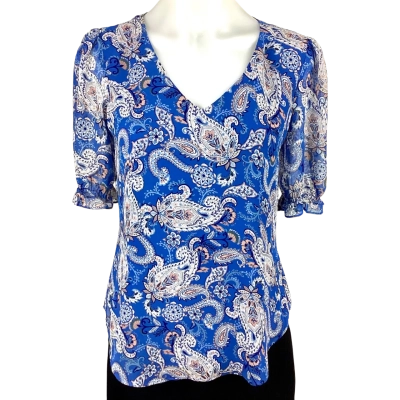 Jacqui-E Short Sleeve Pattern Top - Blue Size 6