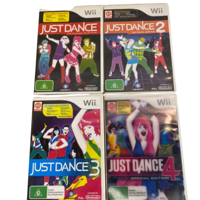 Just Dance, Just Dance 2, Just Dance 3, Just Dance 4. Wii