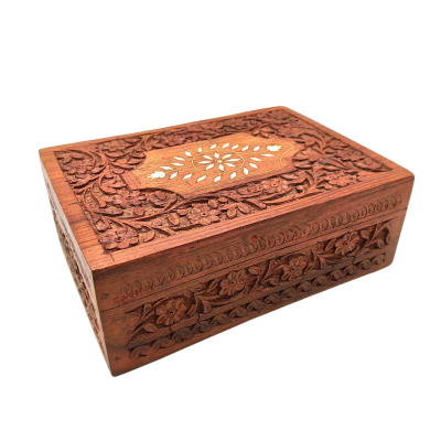 Intricately Hand Carved In India Sheesham Wood Trinket Box 23cm x 16cm x 8cm