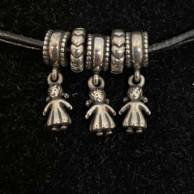 Pandora Sterling Silver 925 ALE Little Girl Charms & Spacer Beads on Leather Thong