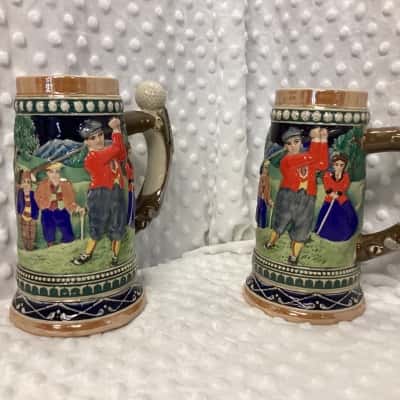Vintage Golf Themed Beer Mugs with golf stick n ball handles