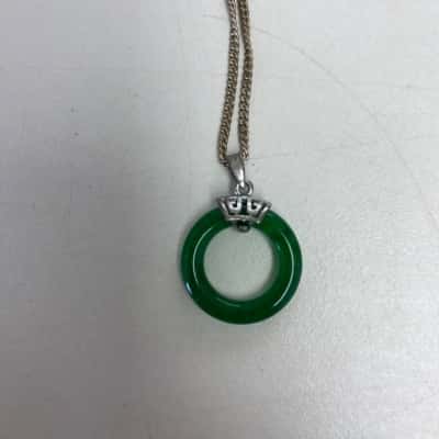 Green Jade Open Circle Pendant Sterling Silver Chain Necklace