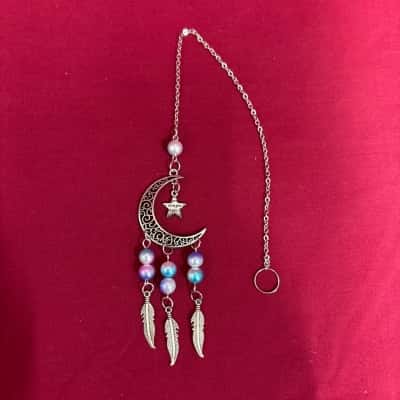 Crescent Moon Sun-Catcher with Iridescent Beads and Feather Accents