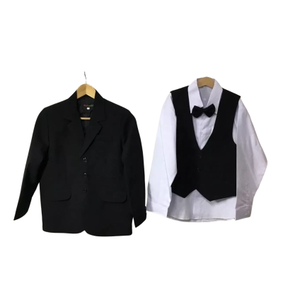 Kids Palm Boys Size 7 White Pinstriped Long Sleeve Shirt with Black Jacket / Vest & Bow Tie (new)