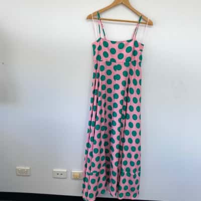 YH & Co Pink Green Polka Dot Strappy Maxi Dress  Size 10 