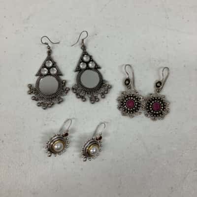 Women’s Set Of 3 Quirky Silver Toned (Coloured) Earrings