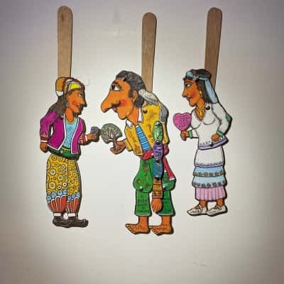 3x Karagiozis Lightweight Wood Handmade Shadow Puppets Colourful Mapkos Greece