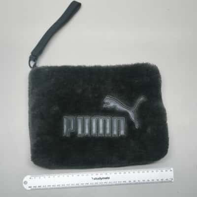 Puma Womens Black Faux Fur Wristlet Pouch Bag Clutch Zippered Travel