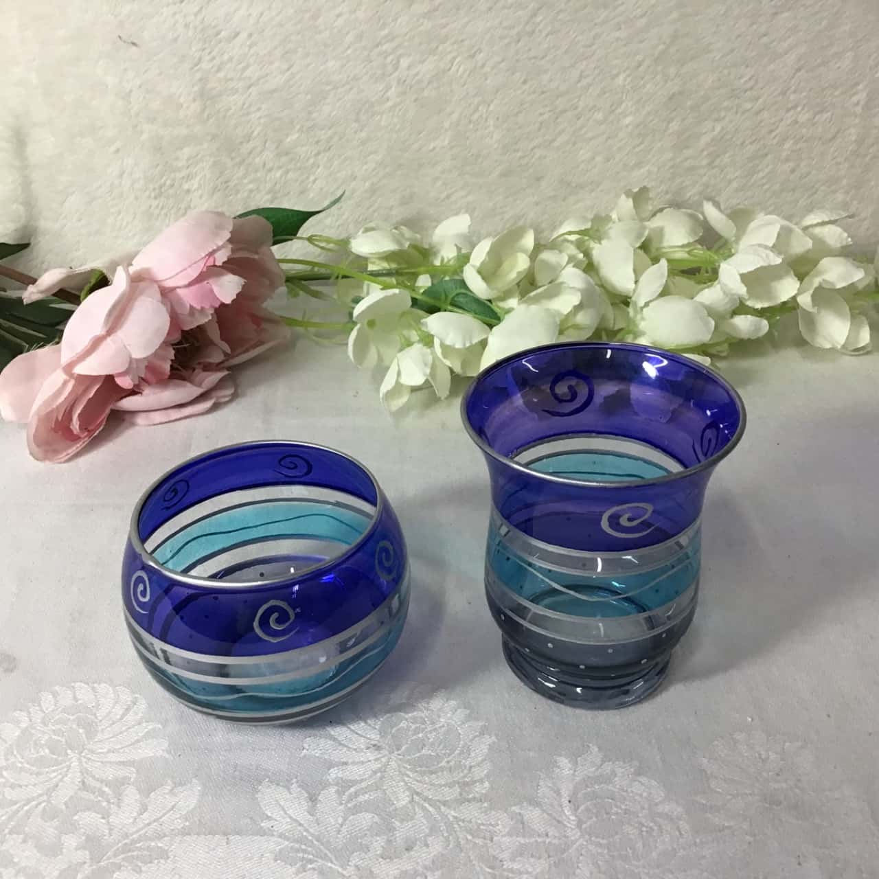 Blue / Aqua / Silver Striped Pattern Glass Candle Holders