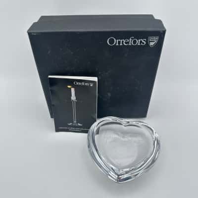Orrefors Swedan Hart Shaped Glass Tealight Candle Holder In Box