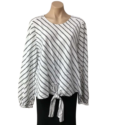 Sussan Womens Size 18 White / Grey / Striped  Tie Front Long Sleeve Top