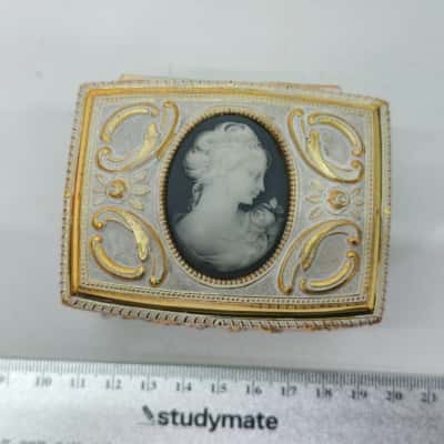 Japanese Vintage Ornate Gold Tone Footed Jewelry Trinket Box with Blue Cameo - Made in Japan